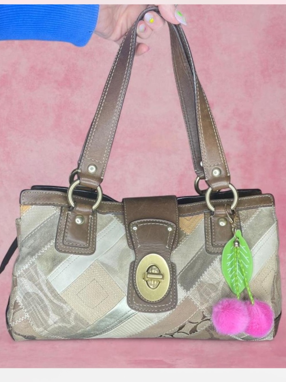 COACH Rare Signature Patchwork Turnlock Satchel Brown / Tan Vintage Y2K